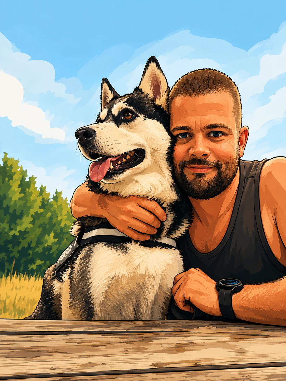 Cartoonportret van Chris Ensing met zijn hond